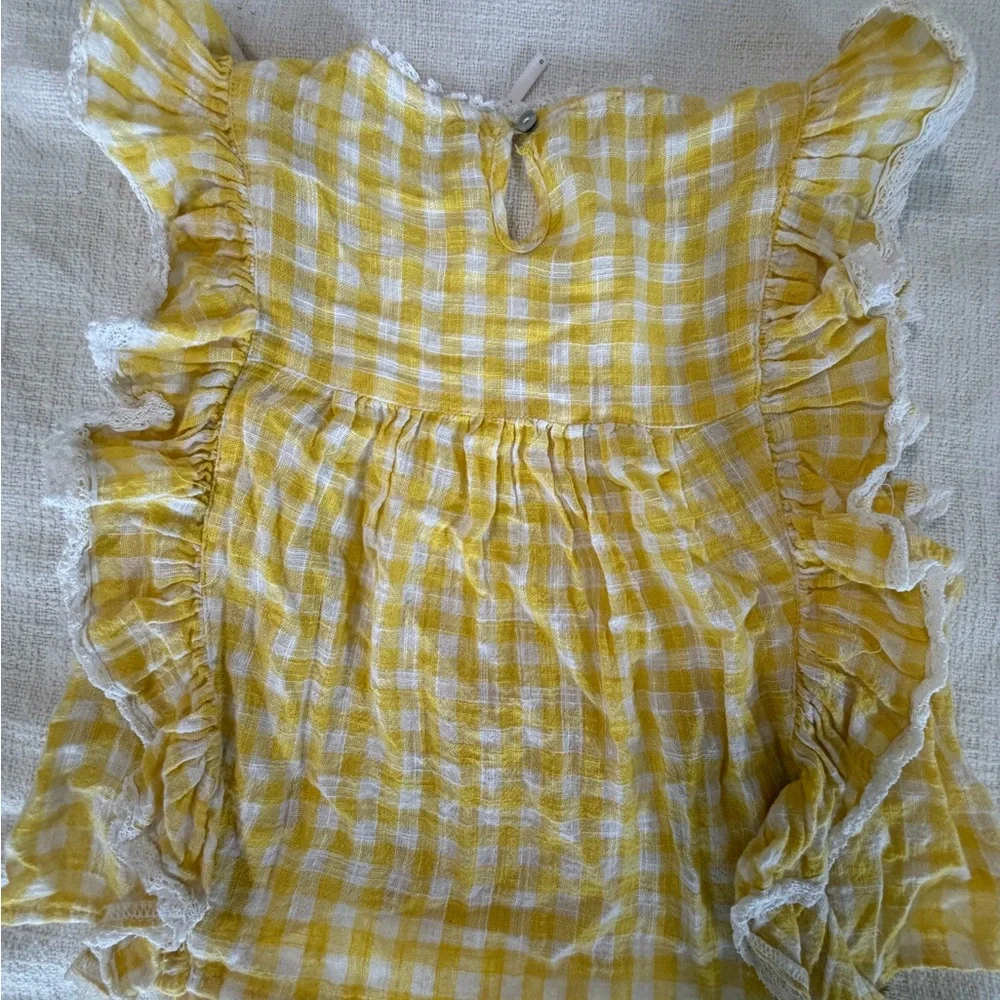 Free People Yellow Gingham Lace-Trim Top and Shorts Set